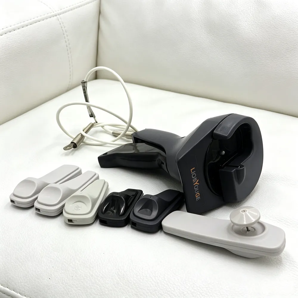 Full set display of handheld shoe detacher gun, unlock hook and shoe security tags