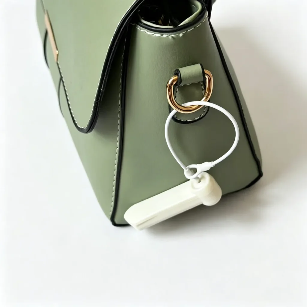 Lionyouge WS-A050 AM super yew bullet EAS tag displayed on clothing retail shelf, 58KHz acousto-magnetic hard tag for garment anti-shoplifting