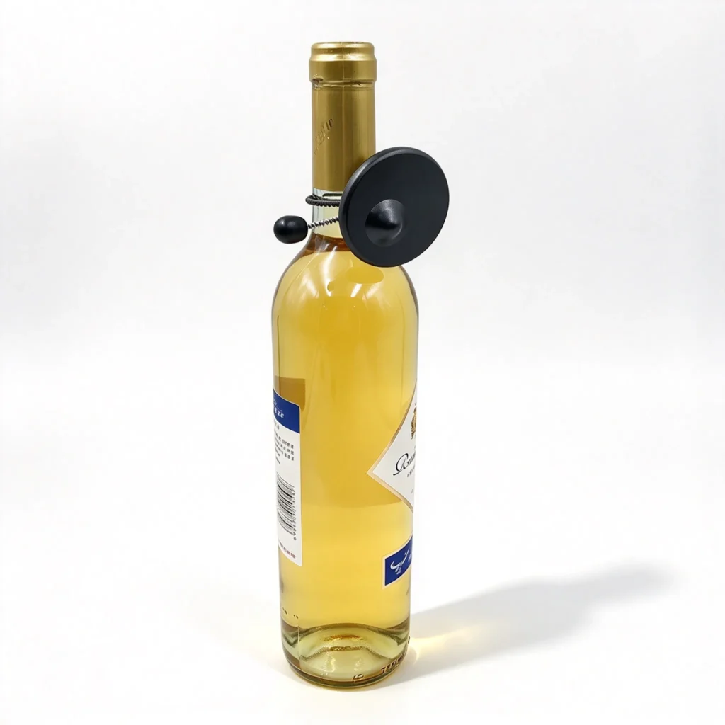 AM wine security tag installed on white wine bottle neck