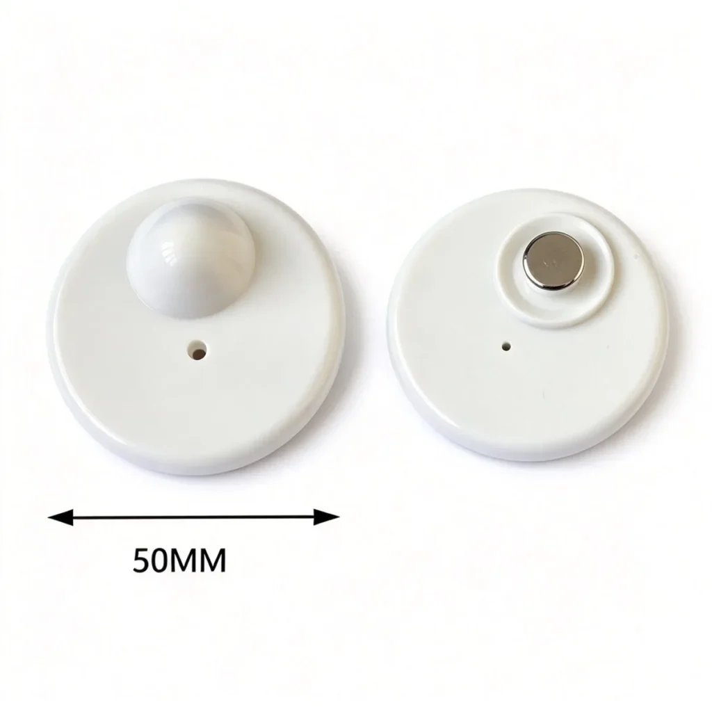 Dimension specification diagram for Lionyouge DS-009 eccentric round RF hard tag, 50mm diameter 8.2MHz EAS hard tag
