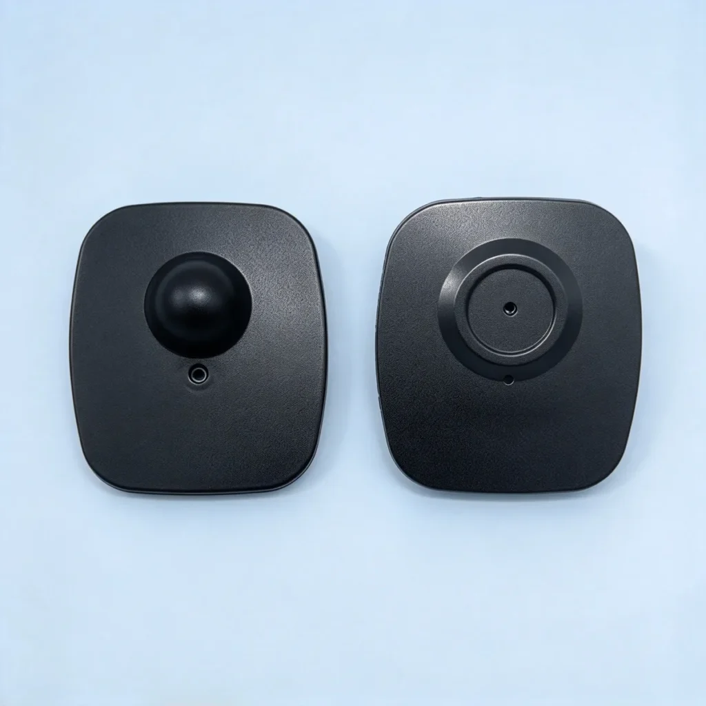 Close-up of Lionyouge small square black RF hard tag, compact 8.2Mhz EAS anti-theft hard tag for apparel store
