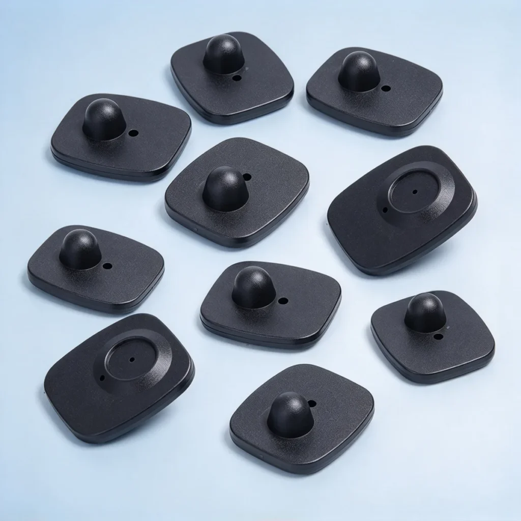 Lionyouge small square black RF security hard tag attached on clothes, compact retail apparel anti-shoplifting solution