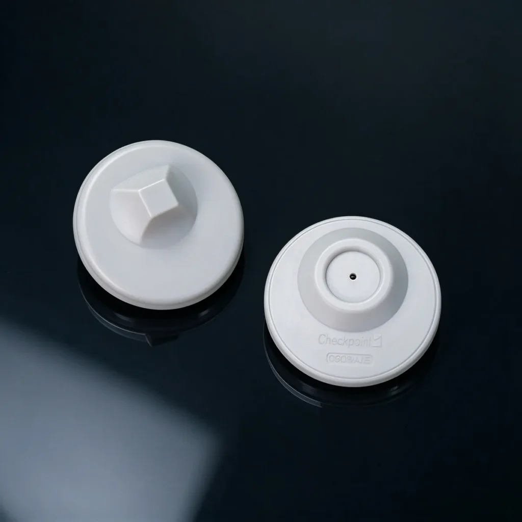 Close-up view of Lionyouge WS-C102 eccentric round RF hard tag, solid lock core ABS anti-shoplifting tag